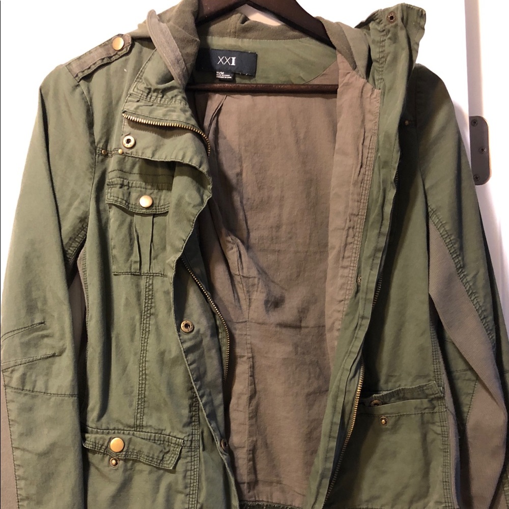 Zip up jacket with hoodie.